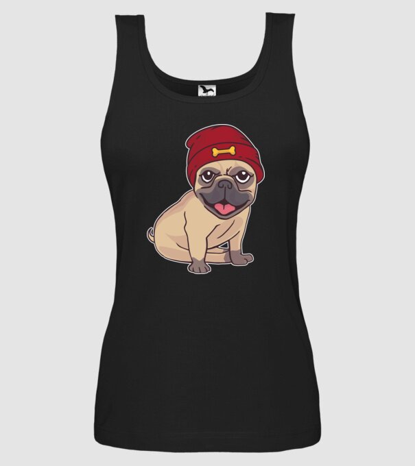Mops cu șapcă model negru pe tricou