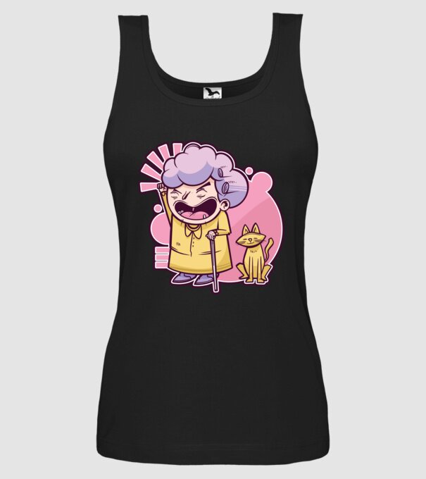 Bunică cu pisică model negru pe tricou