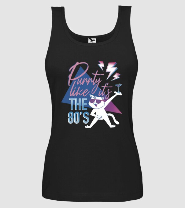 'Purrty Like it''s the 80''s' model negru pe tricou