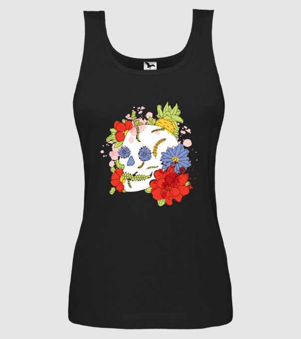 Craniu cu Flori model negru pe tricou