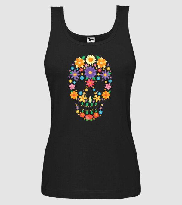Craniu cu Flori model negru pe tricou