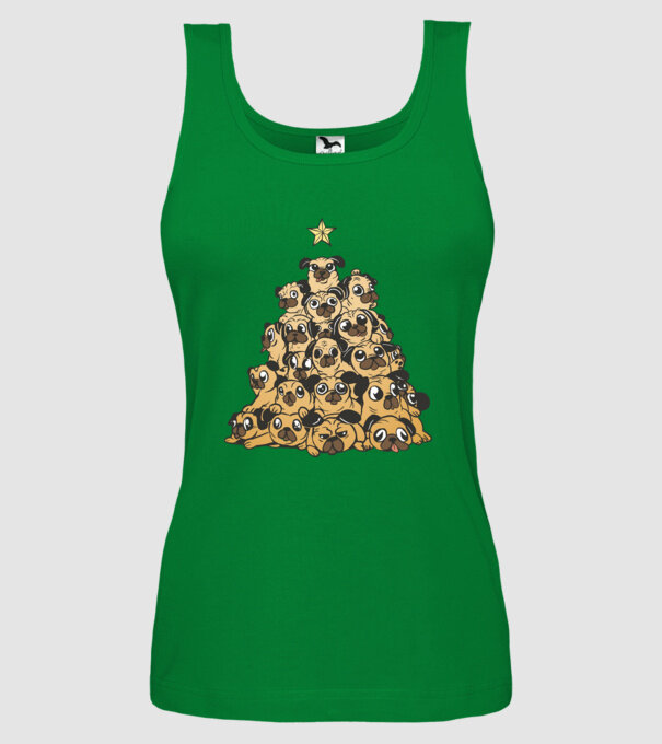 pom de Crăciun cu cățel (mops) model verde pe tricou