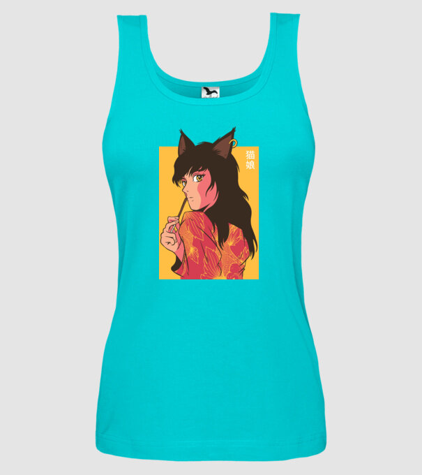 Pisică Fată Anime model turcoaz pe tricou