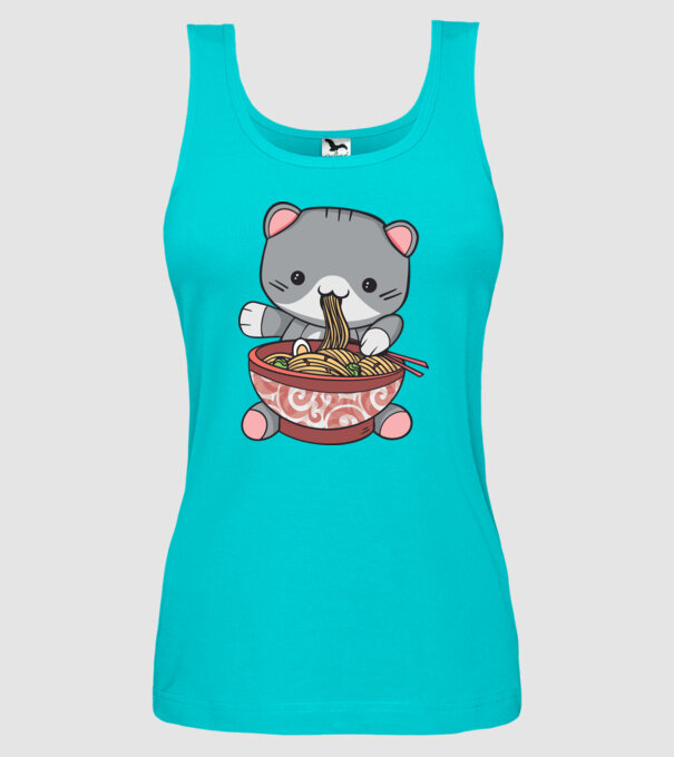 Pisică Kawaii Ramen model turcoaz pe tricou