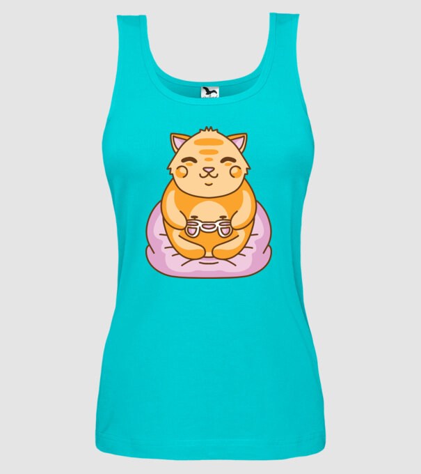 Pisică Gamer Kawaii model turcoaz pe tricou