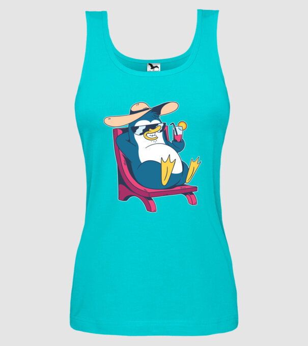 Pinguin cool stă la plajă la mare model turcoaz pe tricou