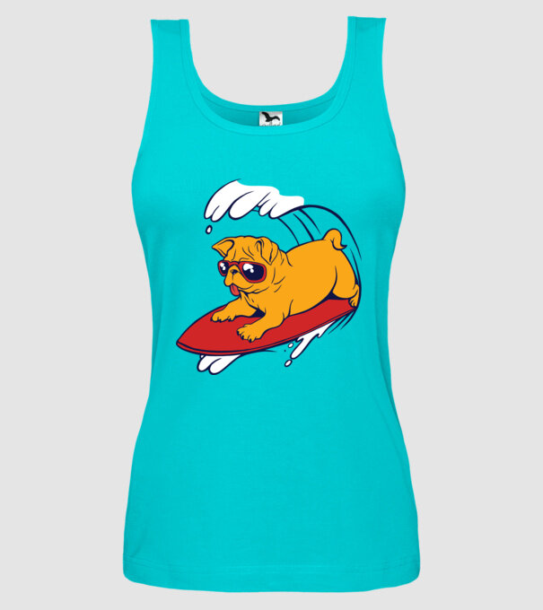 Mops Surf model turcoaz pe tricou