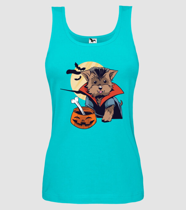 Vampir Yorkie Halloween model turcoaz pe tricou