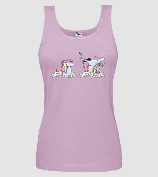 Înainte și după vin Unicorns model liliachiu pe tricou