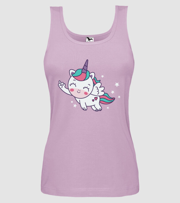 Unicorn drăguț arată degetul model liliachiu pe tricou