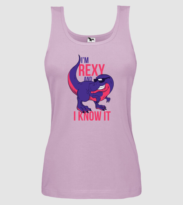 'I''m Rexy and I know it - tricou dinozaur amuzant' model liliachiu pe tricou