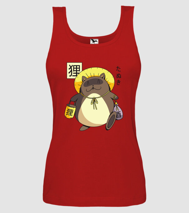 Tanuki Yokai model roșu pe tricou