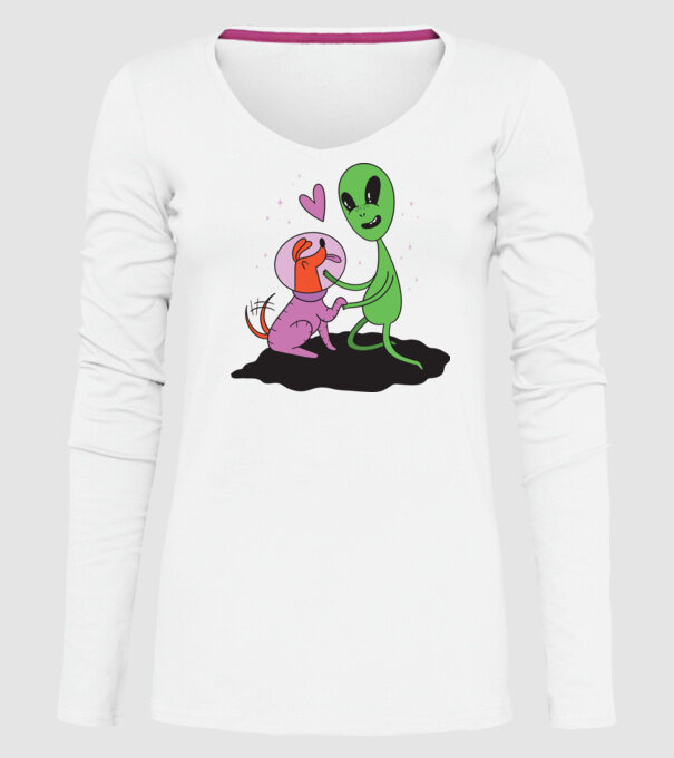 Alien cu câine model alb pe tricou