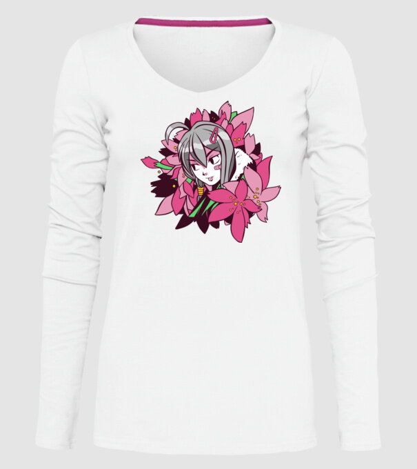 Anime fată printre flori model alb pe tricou