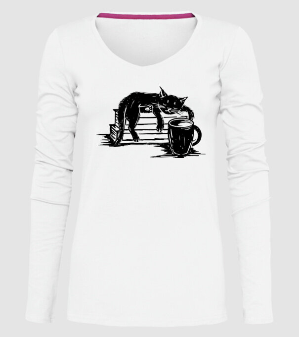 Pisică și cafea model alb pe tricou