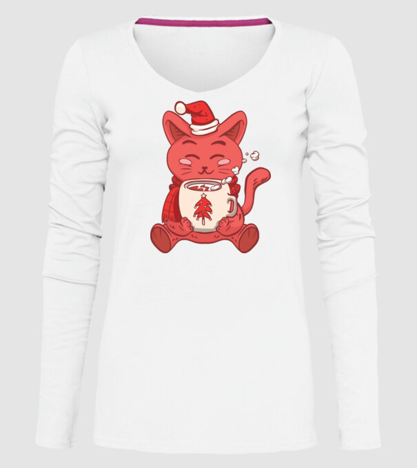 Pisică cu ciocolată caldă model alb pe tricou