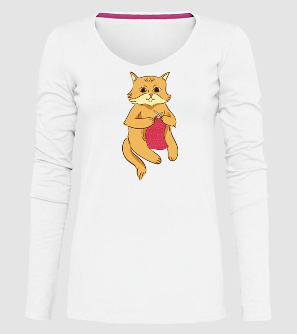 Pisică croșetând model alb pe tricou