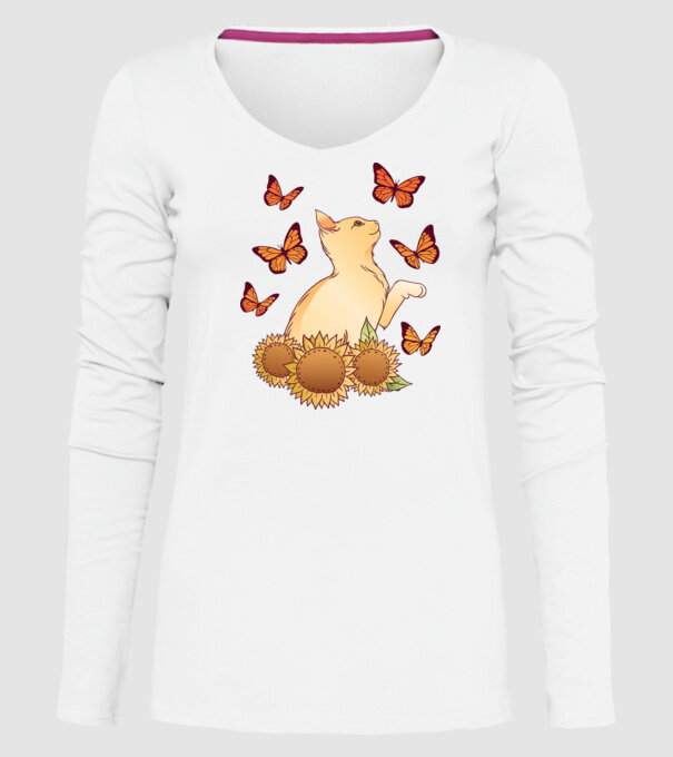 Pisică cu fluturi model alb pe tricou