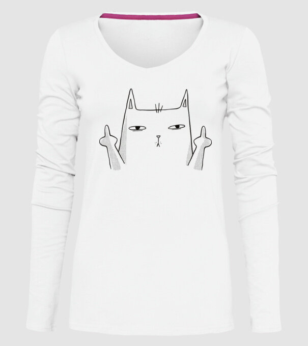 Pisică desen arată degetul model alb pe tricou