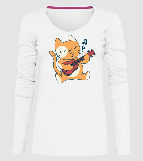 Pisică chitară Ukulele model alb pe tricou