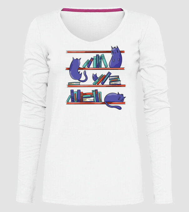 Pisici pe raftul de cărți model alb pe tricou