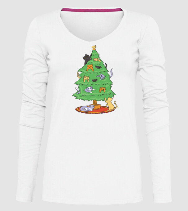 pom de Crăciun cu pisică model alb pe tricou