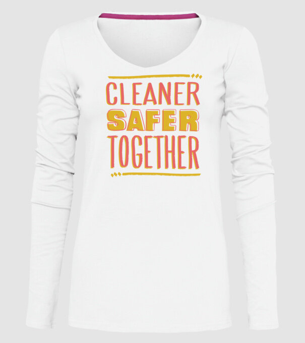Cleaner Safer Together model alb pe tricou