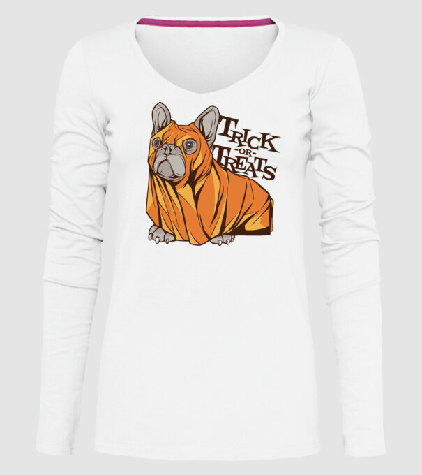 Trick or Treat Mops Halloween model alb pe tricou