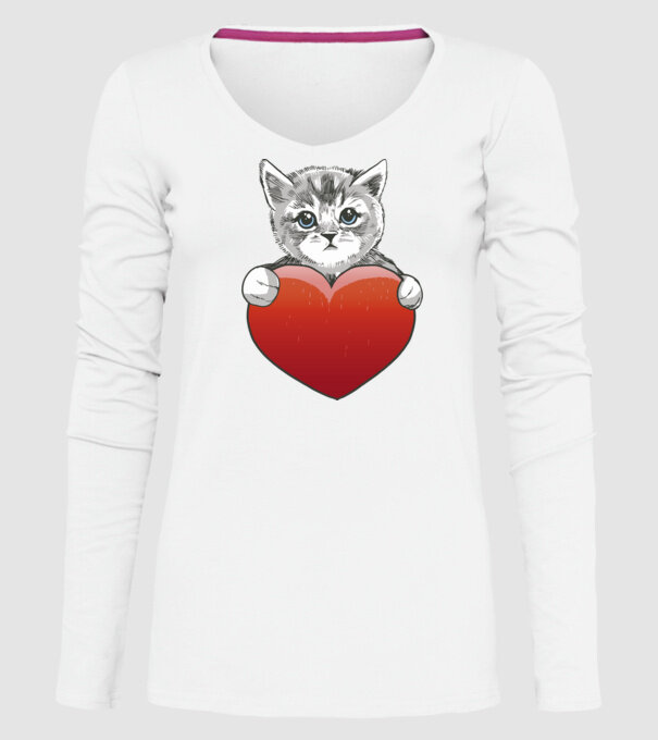 Pisicuță drăguță cu Inimă model alb pe tricou