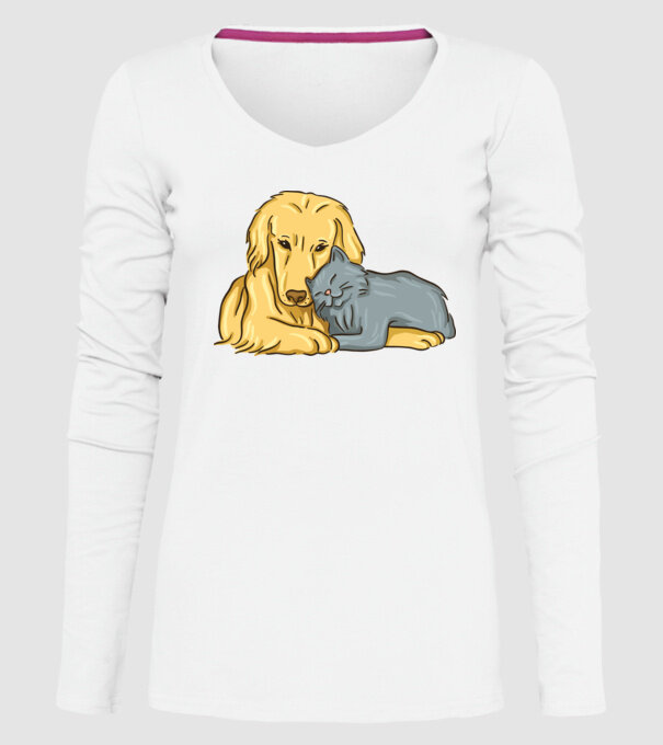 câine pisică drăguță împreună model alb pe tricou