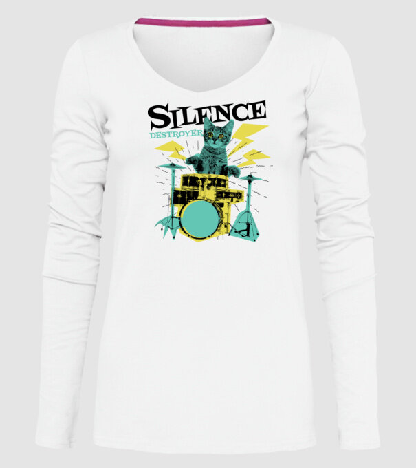 Pisică Baterist - Silence Destroyer model alb pe tricou