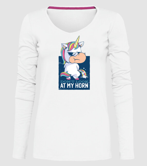 'Don''t look at my horn tricou amuzant unicorn' model alb pe tricou