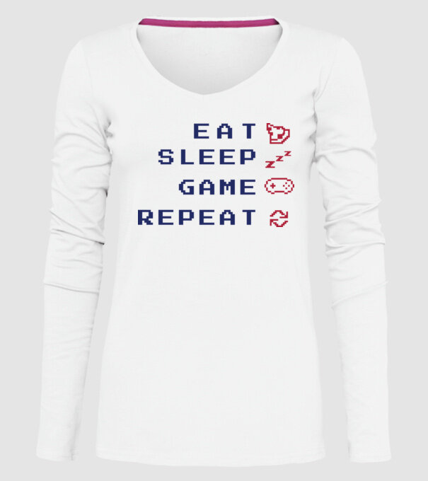 Eat Sleep Game Repeat model alb pe tricou