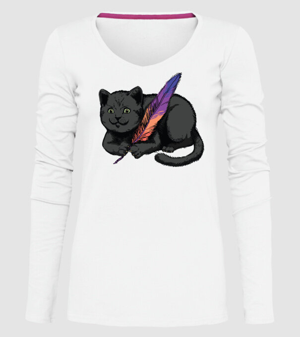 Pisicuță neagră cu pene model alb pe tricou