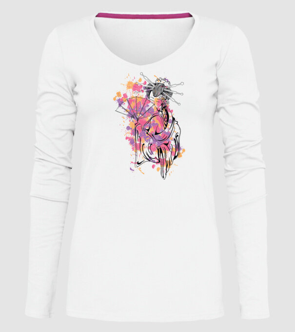 Geisha cu evantai model alb pe tricou