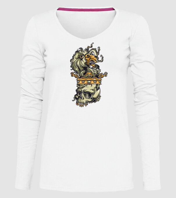 Half Lion Half Skull model alb pe tricou