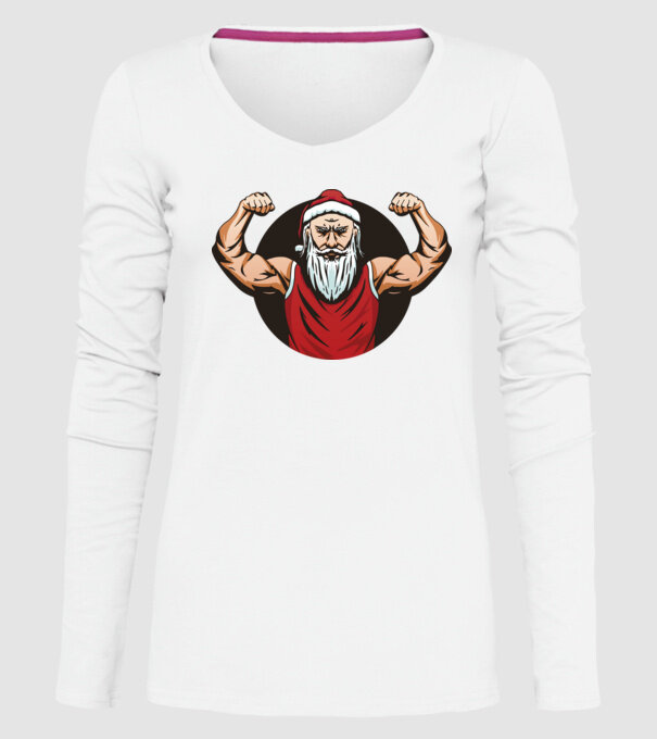 Moș Crăciun musculos model alb pe tricou