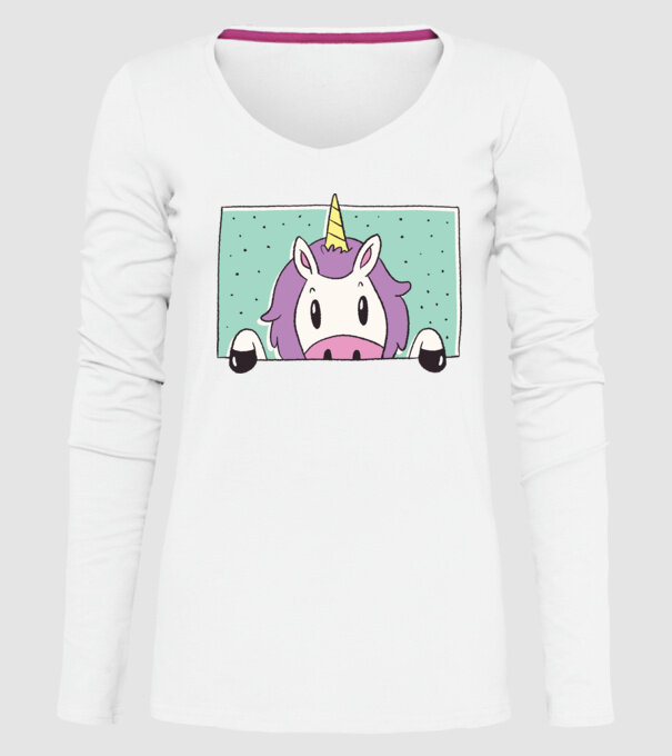 Unicorn curios model alb pe tricou