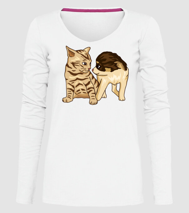 cuplu drăguț câine și pisică model alb pe tricou