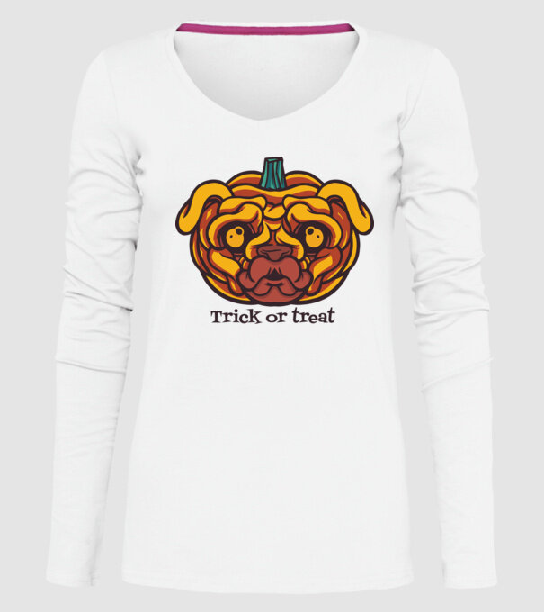 Mops cap de dovleac Halloween model alb pe tricou