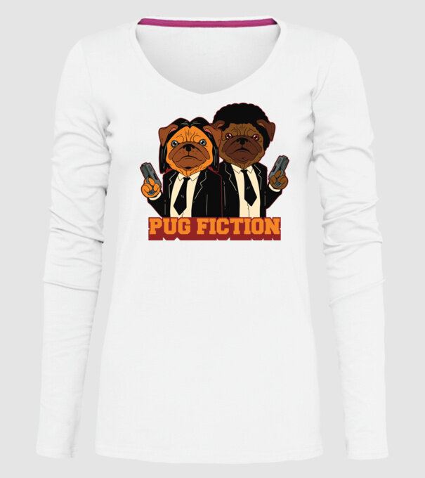Pug Fiction Pugs Mops Pulp Fiction parodie model alb pe tricou