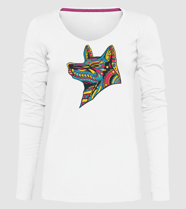 Cap de lup colorat model alb pe tricou