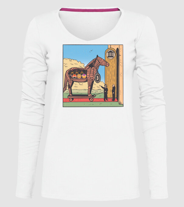 Cal troian Bitcoin model alb pe tricou