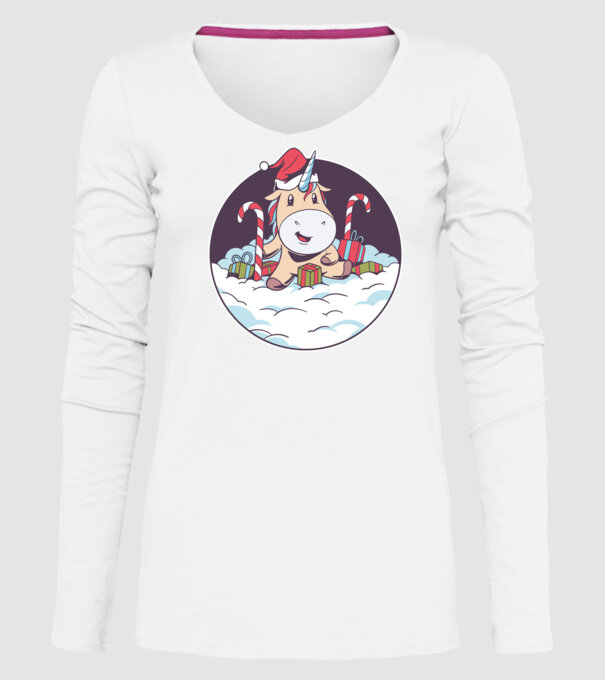 Unicorn Moș Crăciun cu cadouri model alb pe tricou