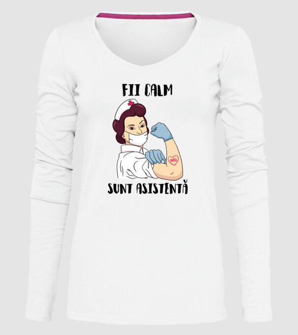 Fii calm, sunt asistentă model alb pe tricou