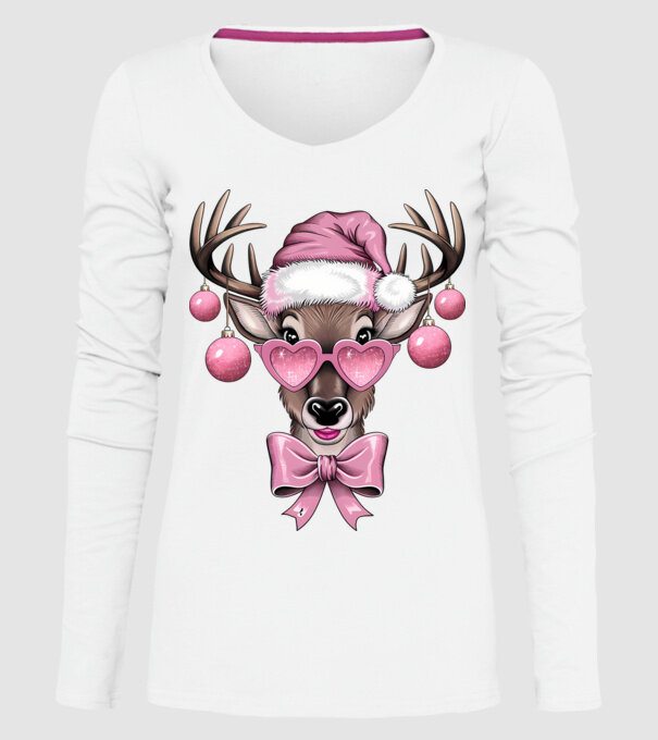 Pink Xmas Reindeer model alb pe tricou