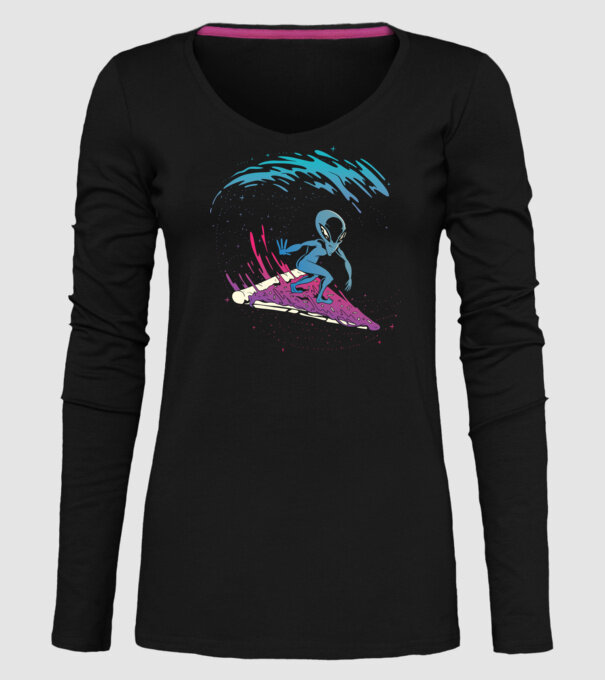 Alien Pizza Surf tricou amuzant model negru pe tricou