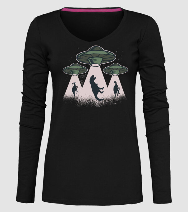 Alien OZN dinozaur model negru pe tricou