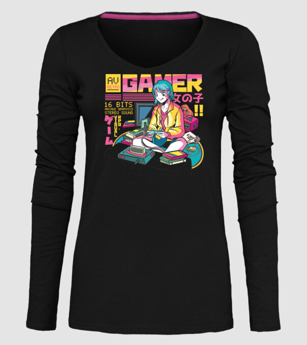 Anime fată Gamer model negru pe tricou
