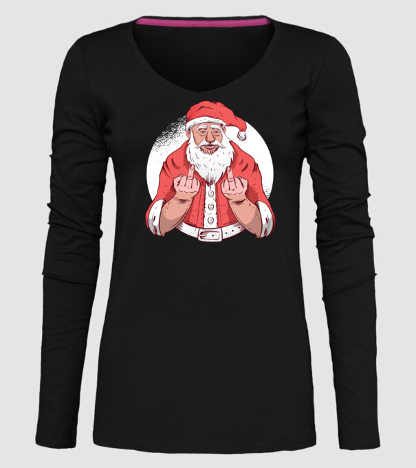Moș Crăciun antisocial arată degetul model negru pe tricou